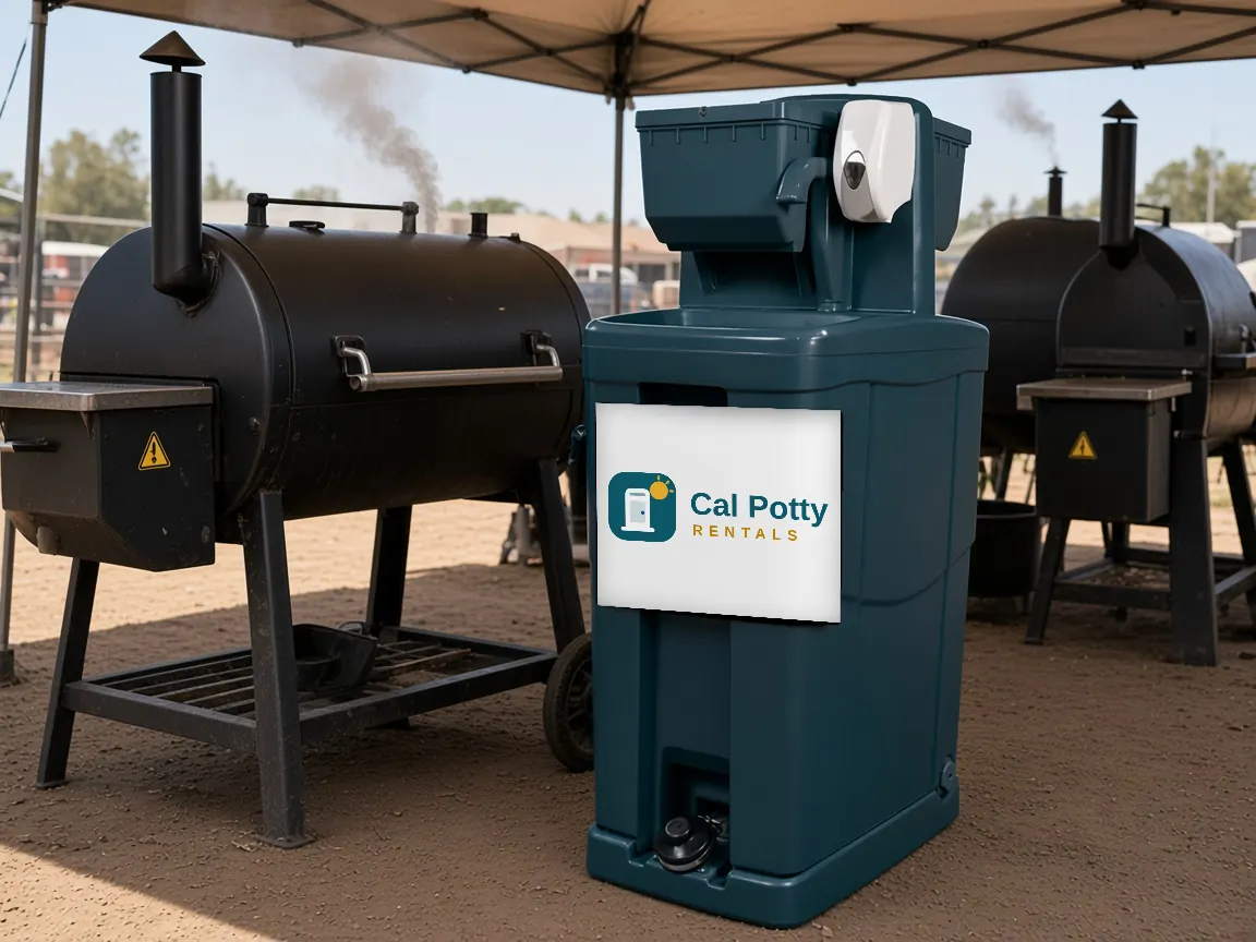 A teal handwashing station under a canopy beside barbecue smokers at an outdoor cookout