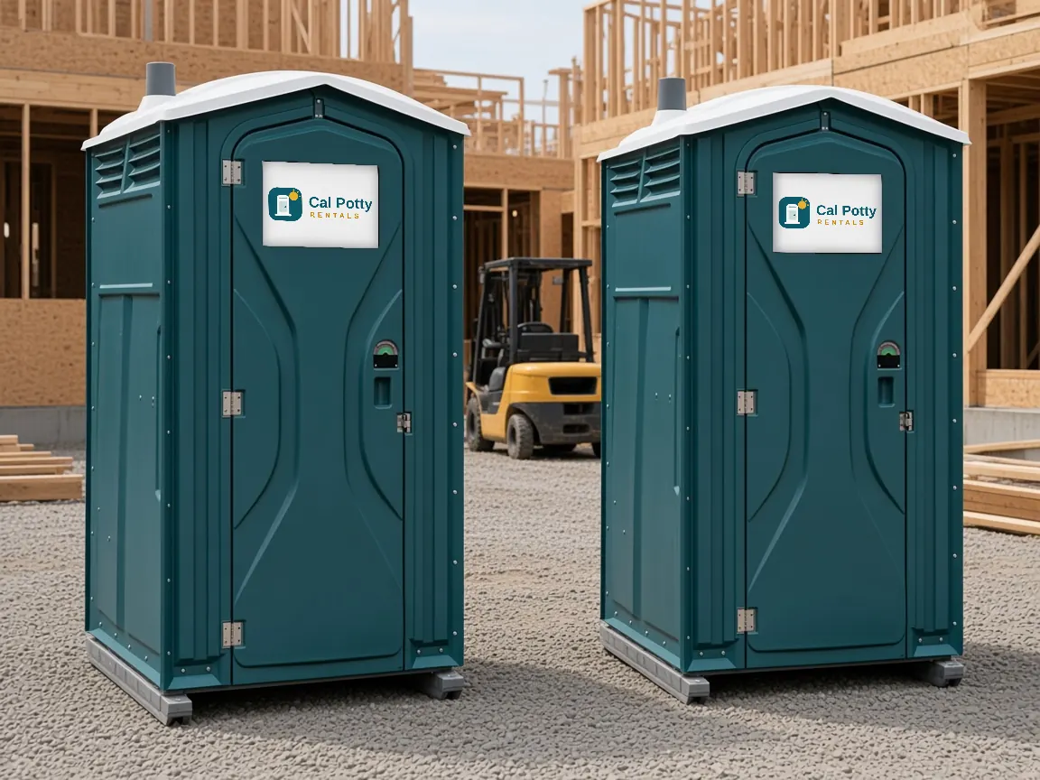 Two teal porta potties on gravel at a wood-framed building site with a forklift